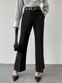 EURMUSE Flare Leg Suit Pants With Slant Pockets, Belt Not Included - Black - View 3