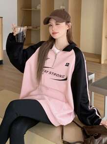 Dazy Star Sudadera De Manga Raglán Con Estampado De Letras Y Bloques De Color Para Mujer - Rosa - Ver 5