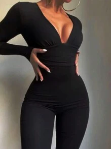 Slaydiva 女士纯色深V领修身长袖连体裤/连身裙，夏季 - 黑色 - 查看 6