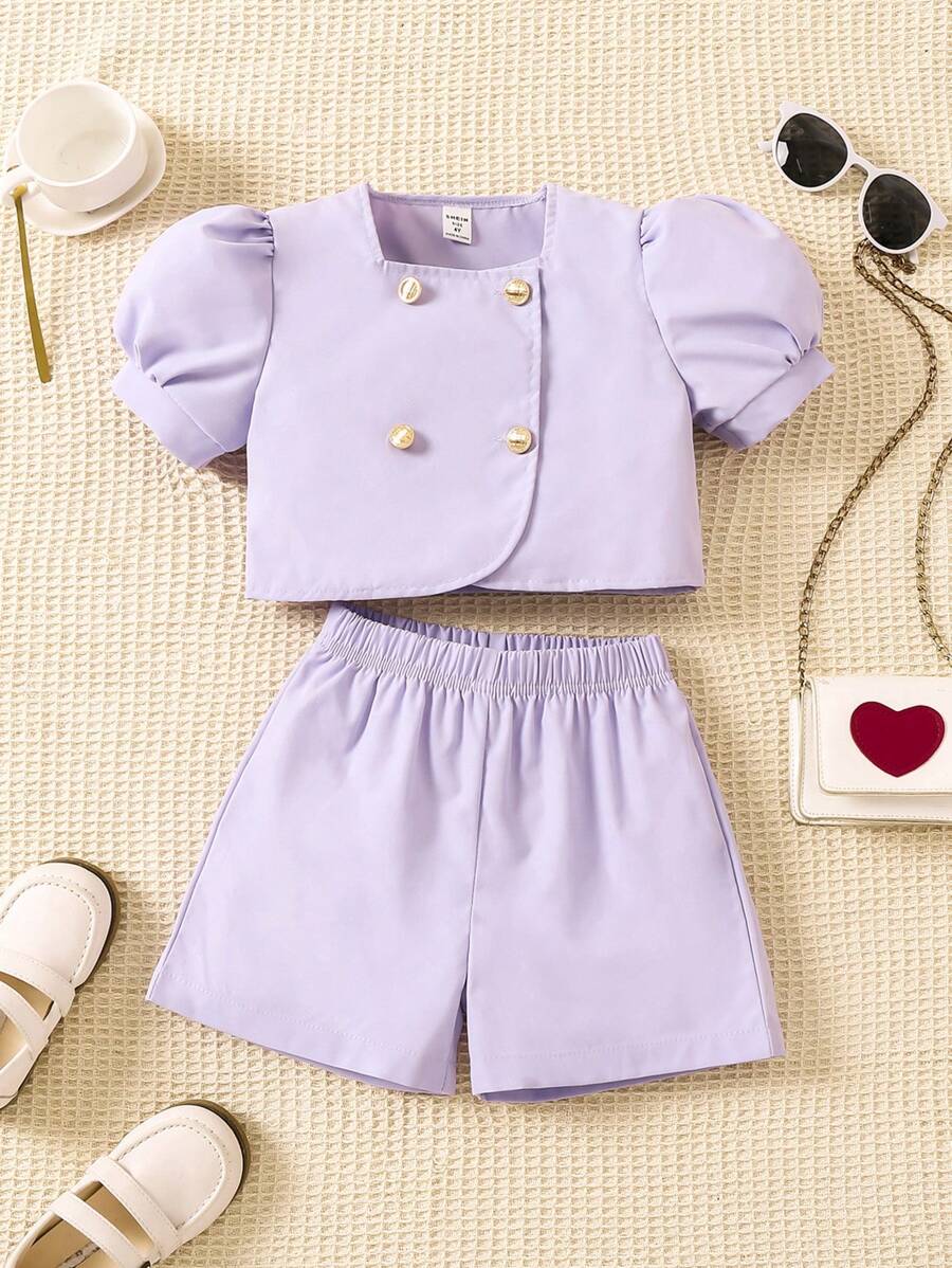SHEIN 幼童女孩優雅淑女款實色兩件套裝 - 紫色 - 查看 1