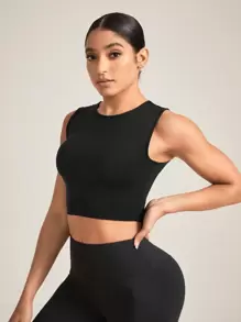 Easithlete Solid Color Slim Fit Crop Top Sports Top - Black - View 1