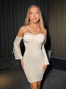 Zolique Long Sleeve Halterneck Bodycon Dress - Apricot - View 1