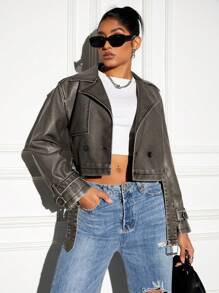 GENKIRA Pu皮革長袖女夾克 - 灰色 - 查看 3