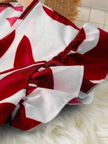 SHEIN Clasi Kích thước lớn In thực vật Đầm Với Cắt ra Eo Và Tay áo chân cừu - Đỏ - Xem 5