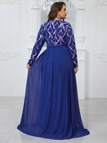 YISIKADO Women's Plus Size Sparkly Long Sleeve Round Neck Evening Party Dress - Royal Blue - View 3