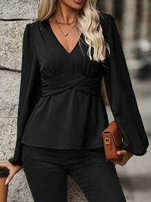 SHEIN LUNE 女用荷葉邊燈籠袖襯衫 - 黑色 - 查看 4