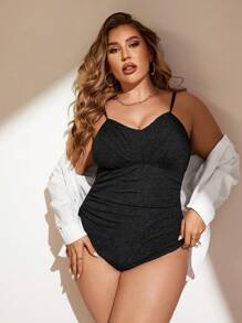 SHEIN Swim Curve 加大码纯色连体泳衣，适合夏季海滩度假 - 黑色 - 查看 4