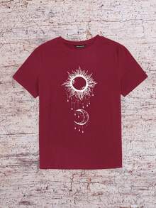 SHEIN Essnce Bản in Mặt trời và Mặt trăng Áo thun - Màu Đỏ Sâu - Xem 3