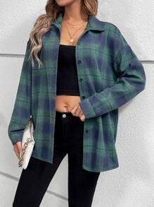 Chiquease Plaid Drop Shoulder Casual Jacket - Green - View 6