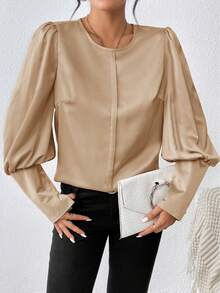 SHEIN Clasi Chất rắn Tay áo Đèn lồng Xa ten Áo sơ mi - Rượu sâm banh - Xem 4