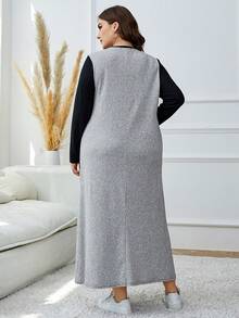 Mulvari Plus Size Color Block Round Neck Long Sleeve Casual Dress - Multicolor - View 2