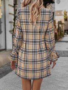 SHEIN Essnce 女士格纹纽扣收腰连衣裙 - 卡其色 - 查看 2