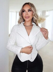 SHEIN SXY 春季女裝女款刺繡切割條紋純棉高腰長袖夾克 - 白色 - 查看 3