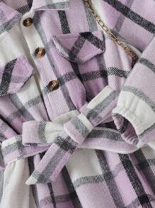 SHEIN 女孩子的格紋襯衫領長袖扣式長洋裝,附帶腰帶適用於秋季,時尚可愛 - 紫色 - 查看 6