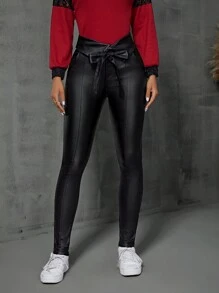 女式时尚纯色修身束带裤 - 黑色 - 查看 3