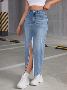 SHEIN ICON Denim High Slit Skirt With Frayed Hem - Medium Wash - View 1