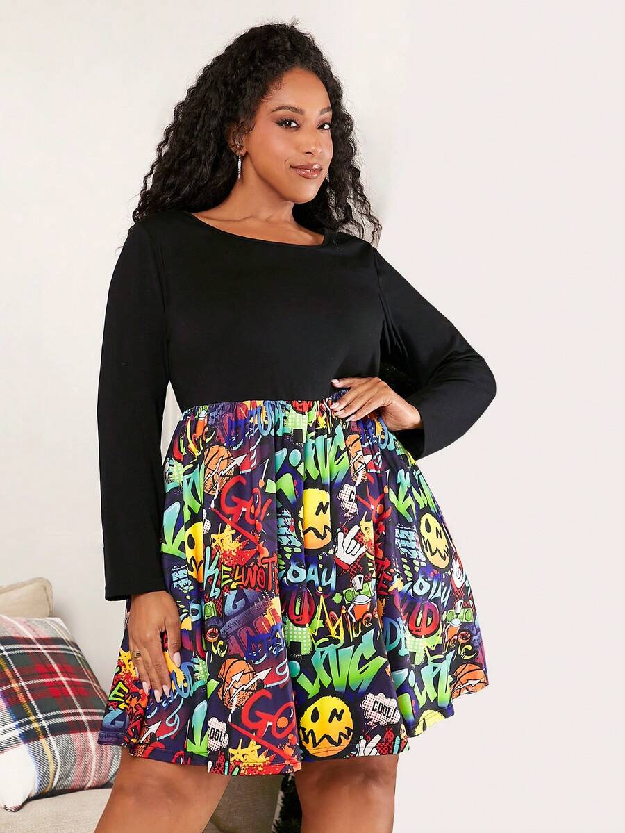 SHEIN CURVE+ Talla grande Vestido Navidad con estampado de dibujos animados - Multicolor - Ver 1