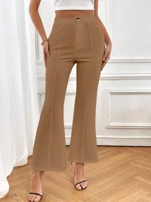 SHEIN Privé 邊緣縫合細節純色喇叭褲 - 卡其色 - 查看 6