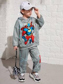 SHEIN Boys' Cute And Comfortable Cartoon Characters Printed Hoodie With Pants Set
