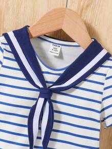 SHEIN Baby Boys' College Style Striped Short Sleeve Top With Sailor Collar - Multicolor - View 6