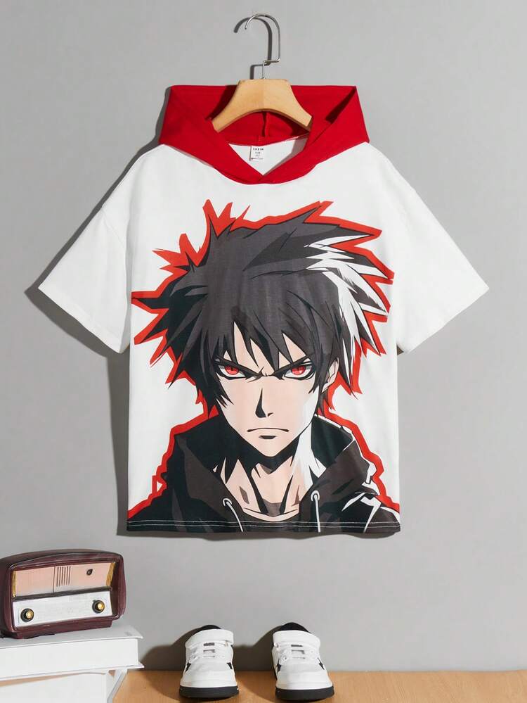 SHEIN Tween Boy Casual Contrast Color Cap Short Sleeve Knit T-Shirt With Cartoon Printed Patterns, Hat Included - Multicolor - View 7