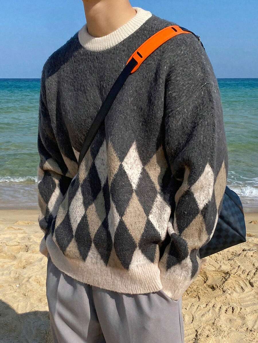 DAZY Men'S Geometric Pattern Drop Shoulder Sweater - Dark Grey - View 1