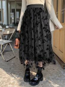 DAZY 短毛絨網片拼接百褶裙 - 黑色 - 查看 9