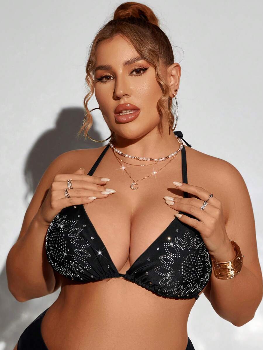 Swim SXY Summer Beach Plus Size Rhinestone Flower Print Halter Bikini Top Music Festival - Black - View 1
