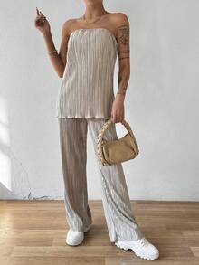 SHEIN Essnce 無肩帶短上衣和褲子套裝 - 卡其色 - 查看 5