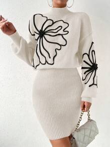 SHEIN Frenchy Của phụ nữ Hoa Mô hình Đứng cổ áo Thả vai Đầm Áo len - trắng - Xem 5
