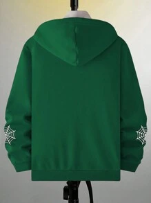 Manfinity Homme Men's Loose-Fitting Casual Hooded Sweatshirt With Spider Web Print - Dark Green - View 2