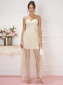 Enchnt Vestido de tirantes pecho con fruncido con malla - Albaricoque - Ver 5