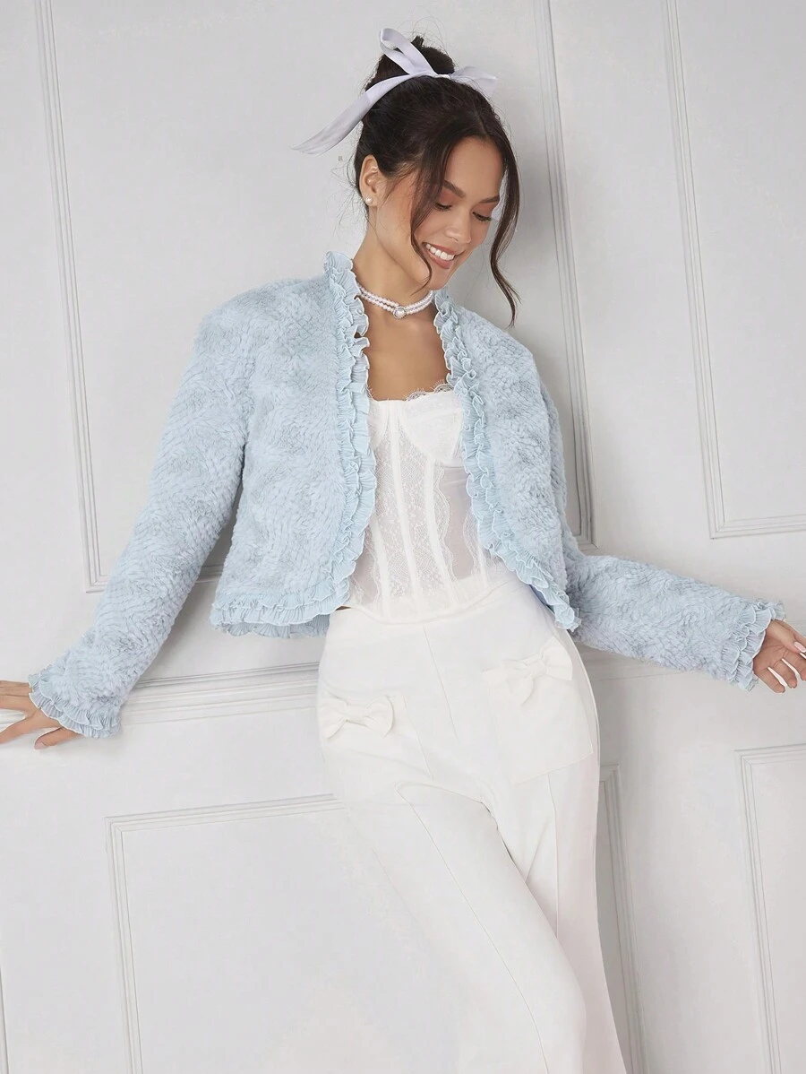Enchnt Women's Plush Jacket With Ruffled Edges