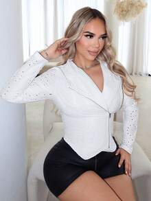 SHEIN SXY 春季女裝女款刺繡切割條紋純棉高腰長袖夾克 - 白色 - 查看 5