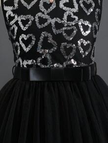 女孩閃亮網紗心形亮片連衣裙,適合演出、婚禮、晚會、生日等場合 - 黑色 - 查看 6