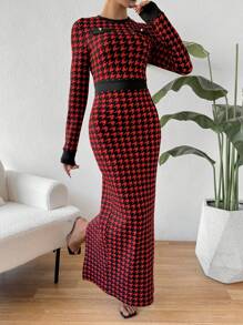 SHEIN Privé Houndstooth Pattern Long Sleeve Dress - Red - View 3