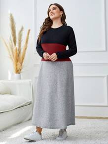 Mulvari Plus Size Color Block Round Neck Long Sleeve Casual Dress - Multicolor - View 6