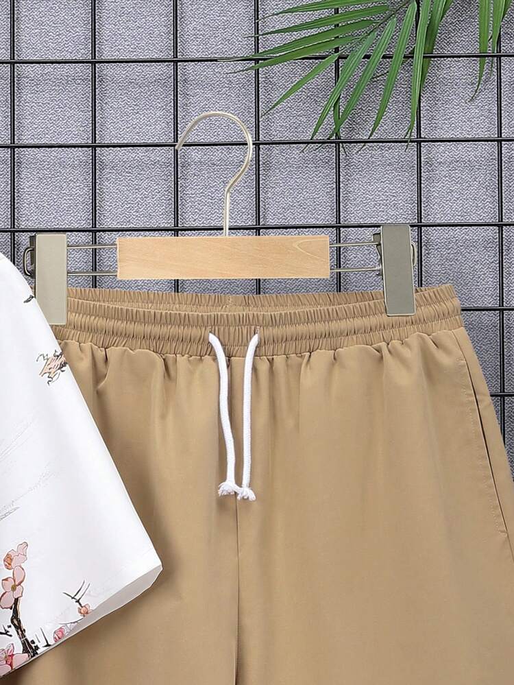 Teen Boys' Casual Plum Blossom Pattern Knitted Cardigan And Solid Woven Shorts Set