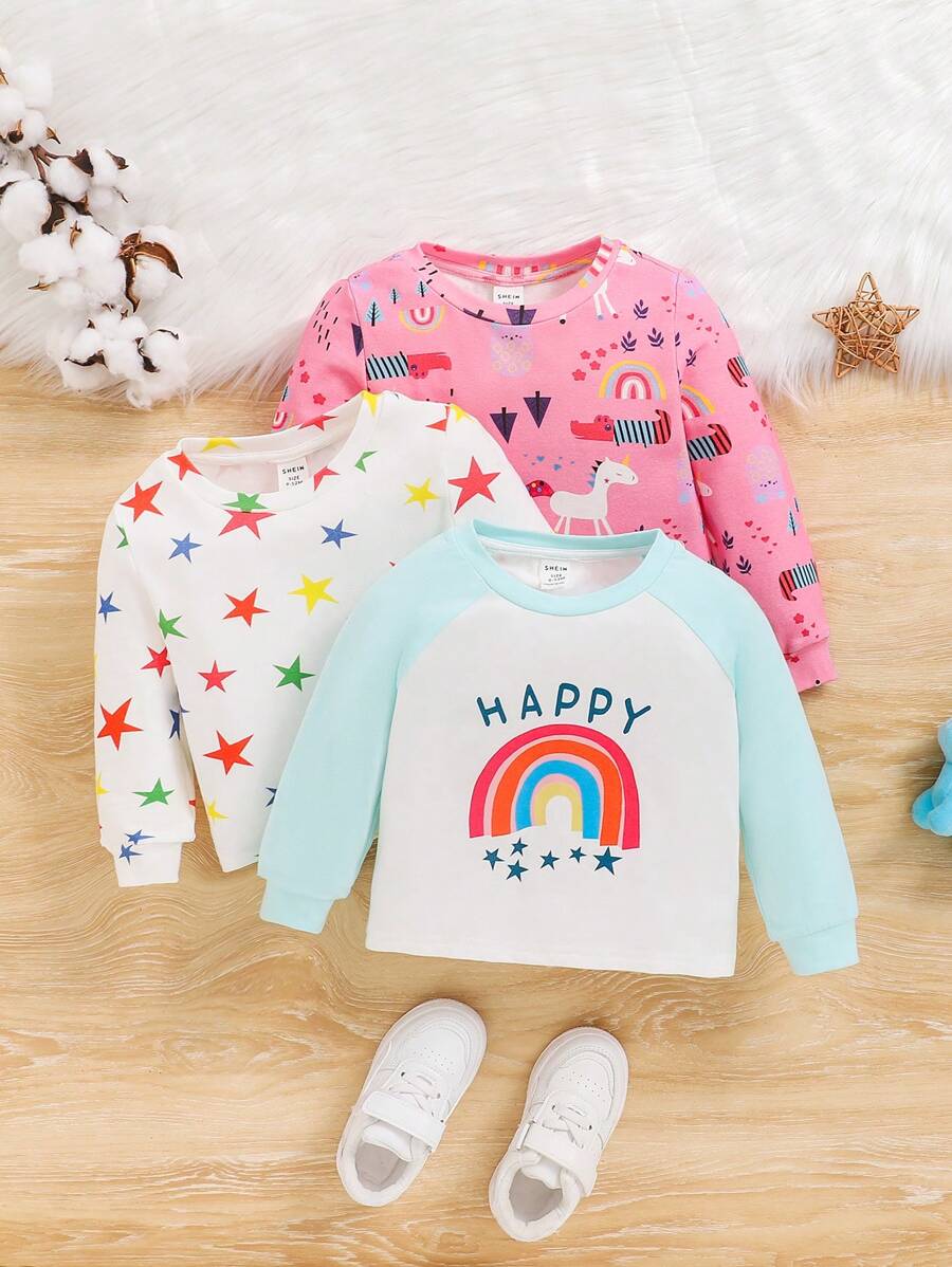 SHEIN 3 Peças Conjunto De Camisas Casuais De Manga Longa Para Meninas Com Estrelas De Cinco Pontas, Letras Fofas E Padrões Divertidos De Unicórnio - Rosa chiclete - Visão 1