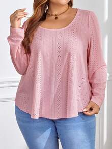 Flirla Plus Eyelet Embroidery Scoop Neck Tee - Pink - View 5