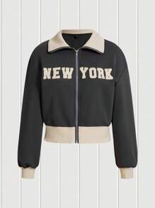 SHEIN EZwear Sudadera con parche de letra de hombros caídos con cremallera - Gris - Ver 1