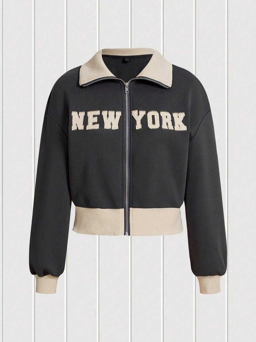 SHEIN EZwear Sudadera con parche de letra de hombros caídos con cremallera - Gris - Ver 1