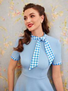 SHEIN DECDS Vintage Elegant New Year Women's Plaid Splicing Short Sleeve Dress With Bow Tie Collar And Umbrella Hem - Blue - View 5