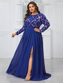YISIKADO Women's Plus Size Sparkly Long Sleeve Round Neck Evening Party Dress - Royal Blue - View 7