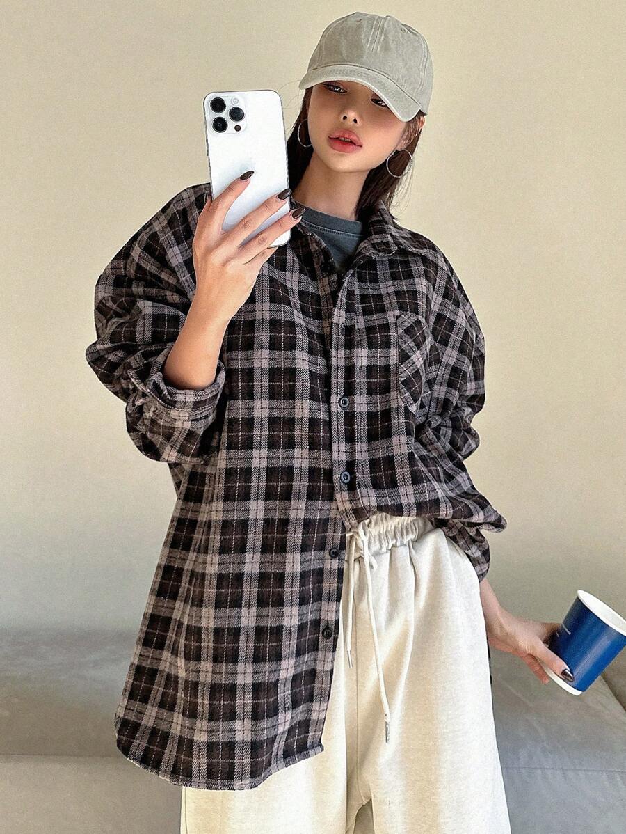 DAZY Camisa A Cuadros Con Hombros Caídos - Multicolor - Ver 1