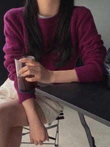 DAZY Solid Color Round Neck Long Sleeve Sweater - Purple - View 6