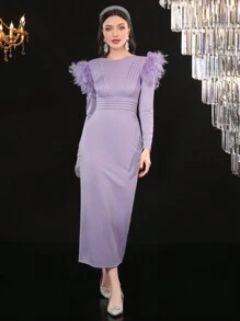 Modelyn 毛绒装饰褶皱拼接修身连衣裙，优雅晚会礼服 - 紫色 - 查看 2