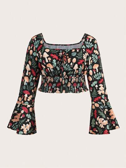 Inna Moreva 大尺碼香菇和植物印花鈴袖上衣