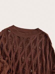 SHEIN ICON Holey Round Neck Sweater - Coffee Brown - View 3