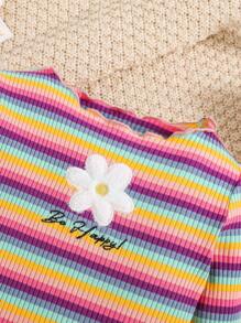 SHEIN Em bé Cô gái Dễ thương Sọc Chi tiết thêu Tay áo dài Áo - Hồng - Xem 5